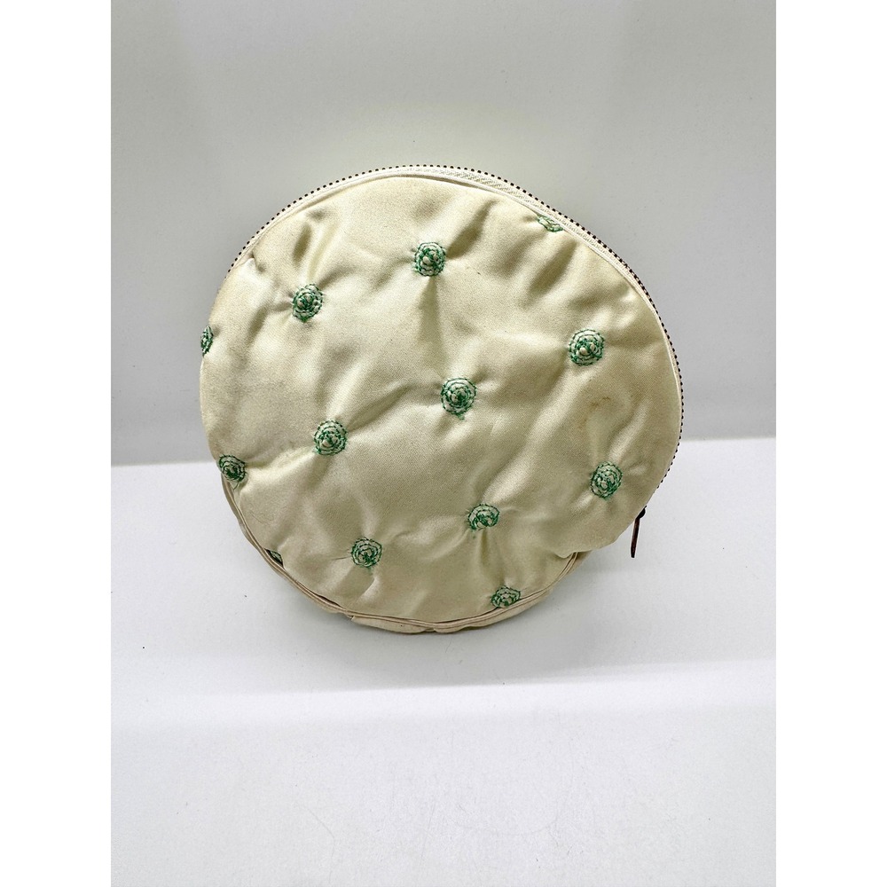 Vintage Andre Richard Jewelry Case Cream Satin Green Embroidered Rosette Round